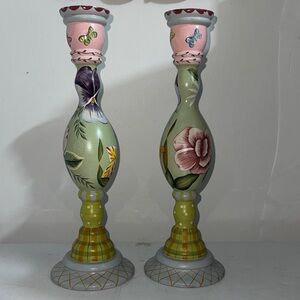 Tracey Porter Floral Hand-Painted Candle Holders signed 15” Pair
